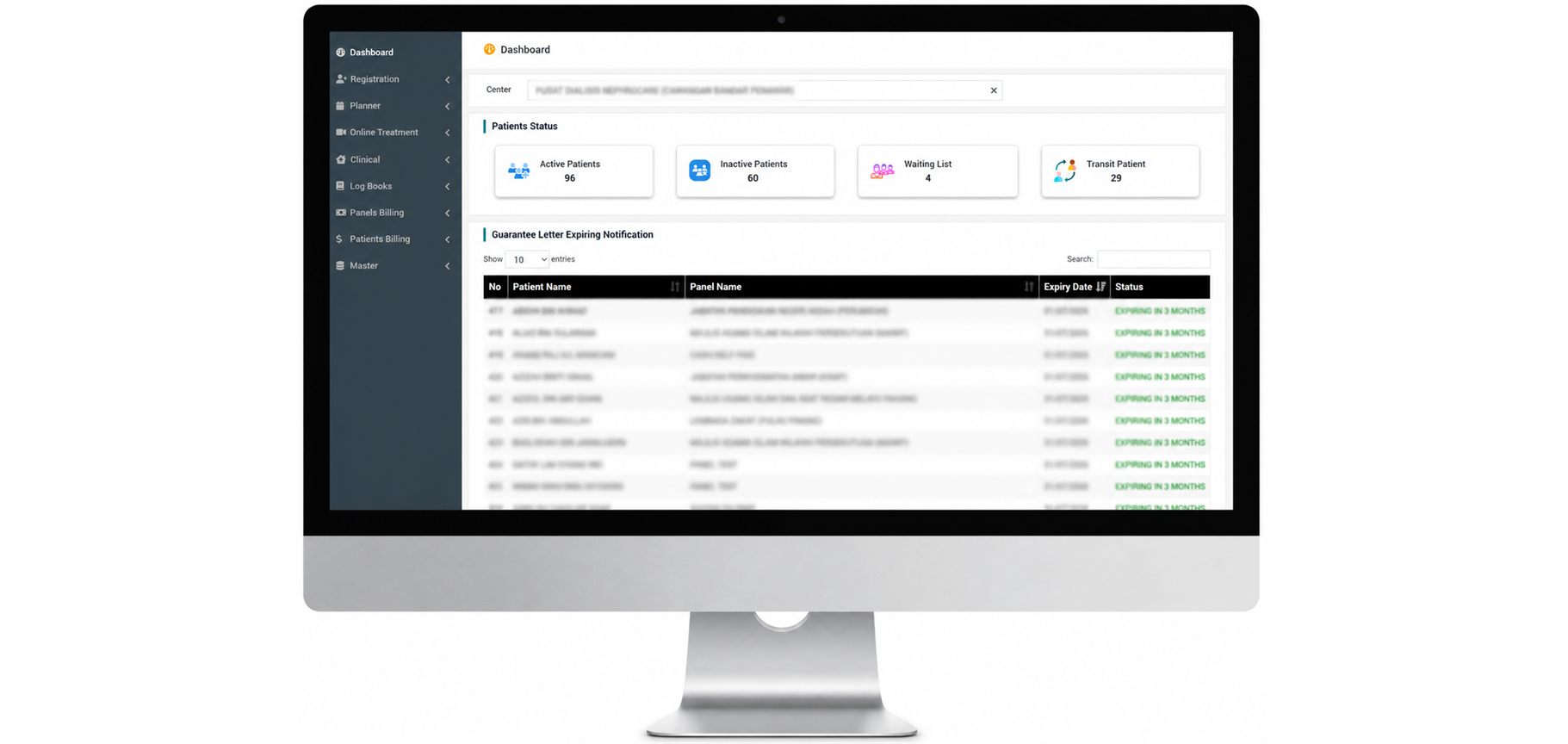 DiMS dashboard showing patient status and expiring guarantee letter notifications with anonymized patient information